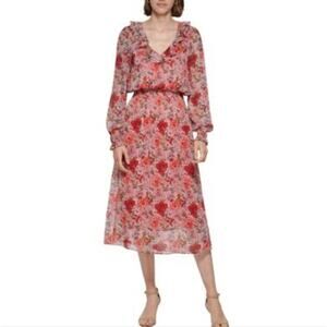 Tommy Hilfiger Women's Floral Long  Blouson-Sleeve Ruffle Midi Dress Plus 16 W